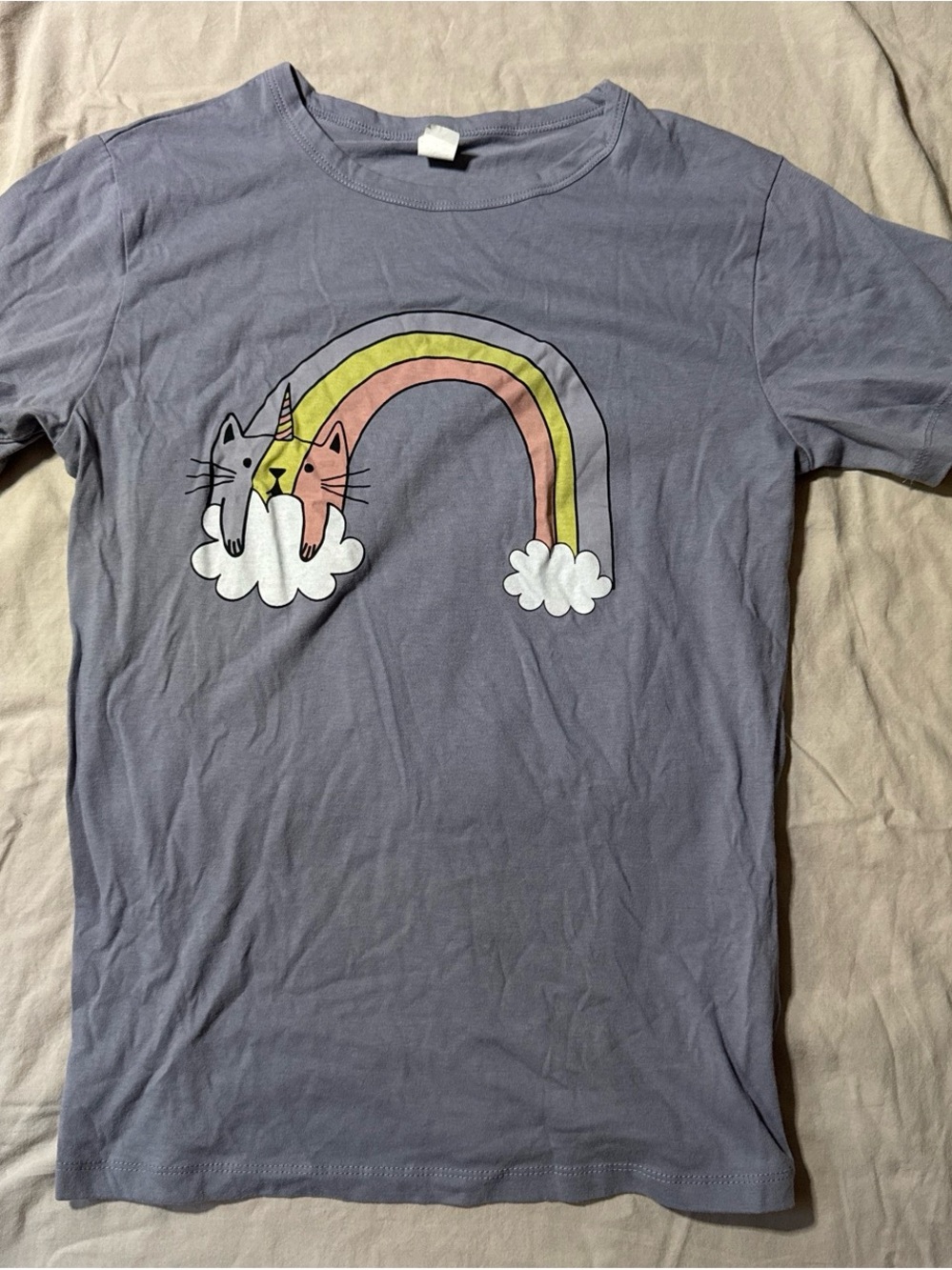 Lavender Graphic Tee with Rainbow Cat Unicorn